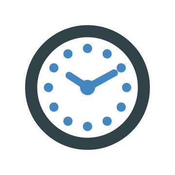 Blue and white vector clock icon with bold hands and dotted markers