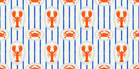 Stoffe zum Nähen Vintage lobster seamless pattern. Italian sea food background illustration in hand drawn style. Retro mediterranean beach surface print design, summer vacation texture.