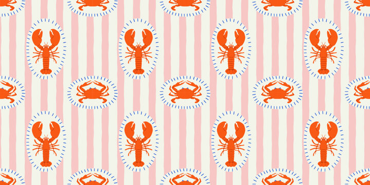 Vintage lobster seamless pattern. Italian sea food background illustration in hand drawn style. Retro mediterranean beach surface print design, summer vacation texture.