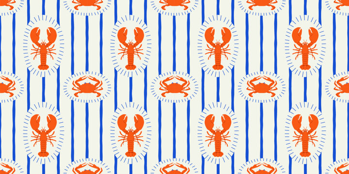Vintage lobster seamless pattern. Italian sea food background illustration in hand drawn style. Retro mediterranean beach surface print design, summer vacation texture.