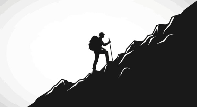 Silhouette of a hiker climbing mountain.