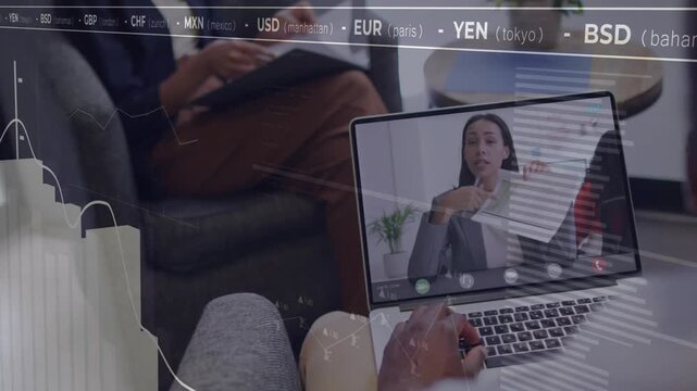 Laptop user typing host showing doc while market charts and FX ticker overlaying screen for review