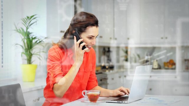 Woman typing on laptop at counter, overlays appearing, answering phone while continuing remote work