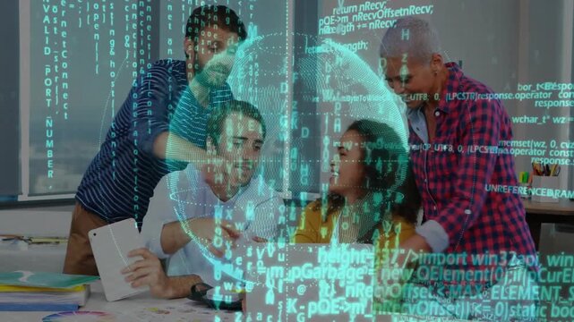 Vertical video: Data globe appearing, woman in yellow top typing on laptop at desk reviewing data