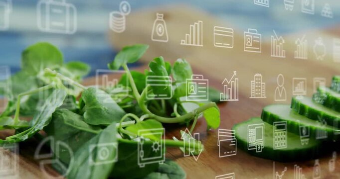 Knife slicing cucumber off-frame, slices aligning near sprouts, finance icons drifting for food ads