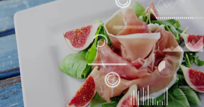Camera pulling back while HUD graphs sliding in, annotating plated salad figs meat for food ads