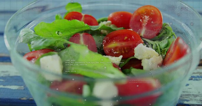 Clear bowl on blue planks, camera zooming in showing tomato detail, dotted map overlaying, food ads