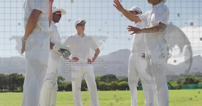 Six cricketers on outfield at boundary rope, captain raising hands initiating strategy, map overlay