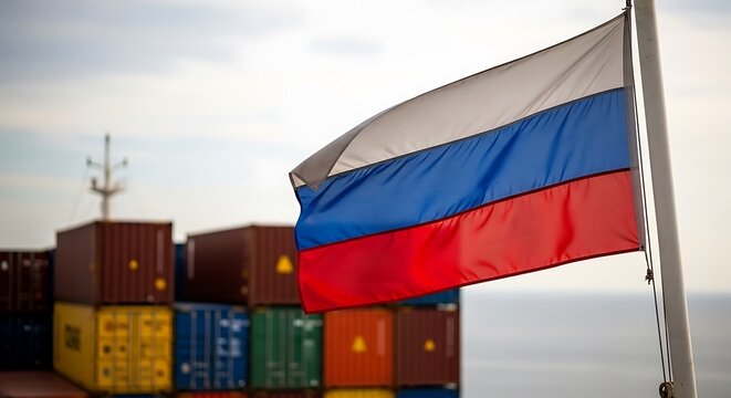 Russian flag waving over colorful shipping containers at port during sunset