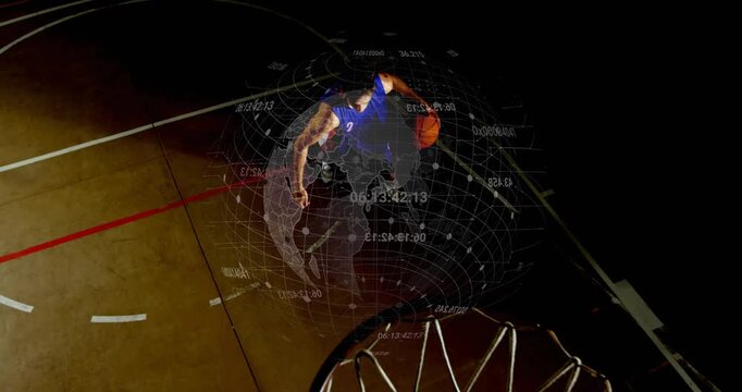 HUD globe appearing player dribbling gathering driving under rim jumping and dunking seeking score