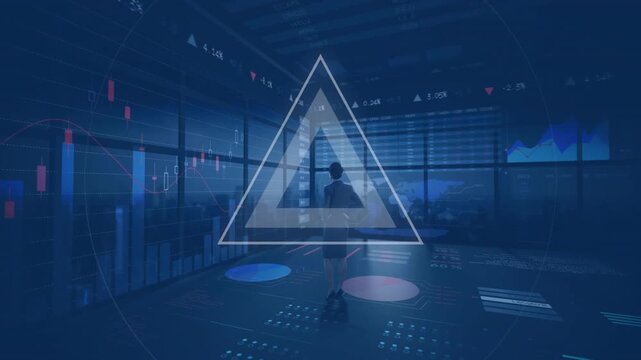 Woman standing in glass office, ring and triangle appearing while monitoring finance charts