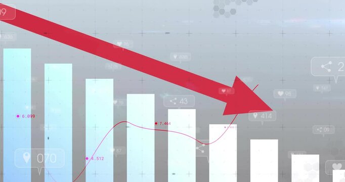 Analytics chart reacting to red arrow entering, aligning arrow and moving trend line, showing drop