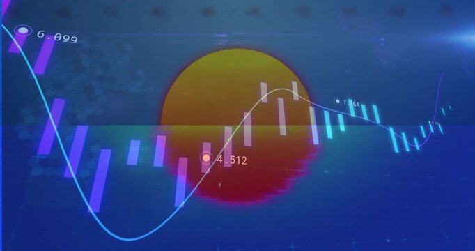 Glitch animating chart, bars shifting and tracing smooth line over sun disc, showing market values
