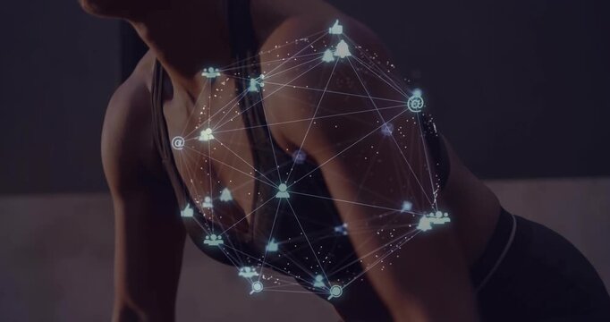 Woman gripping barbell, lifting then resting in gym, network sphere pulsing over chest for fitness