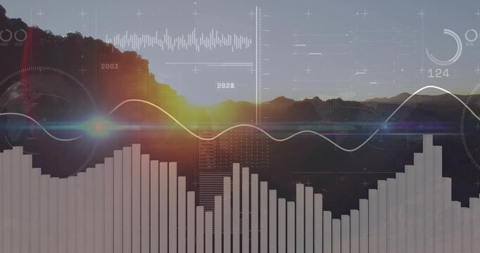 Sun rising over ridge, activating tech HUD overlays, sweeping lens flare, animating waveform bars