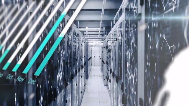 Playback starting, camera moving forward down server aisle, overlays animating showing network flow