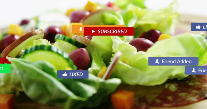 Social badges appearing over salad after gray sub badge appearing, camera pulling focus, engaging