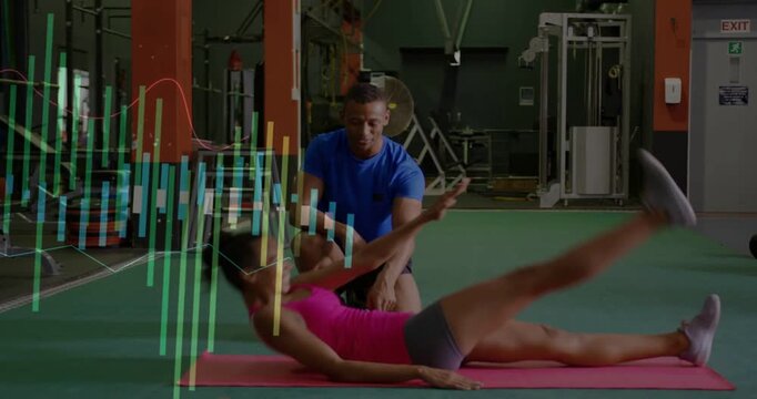 Female client performing oblique reps on pink mat for core under trainer cueing, HUD bars tracking