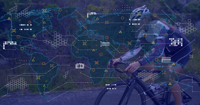 Vertical video: Cyclist riding road, cam tracking causing overlay, showing cycling data as hex map