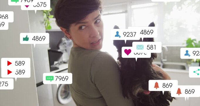 Woman holding dog near sink comforting pet, incoming social bubbles swarming and obscuring scene