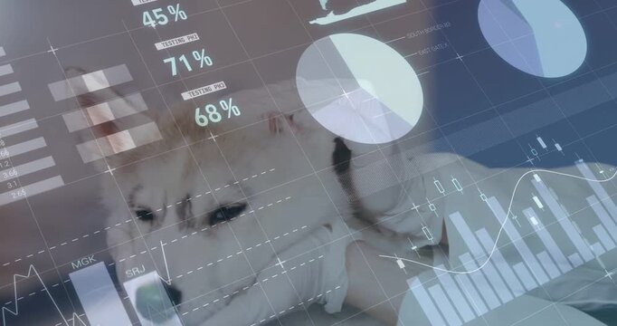 Vertical video: Woman holding dog as HUD appearing, updating charts, steadying collar for vet check