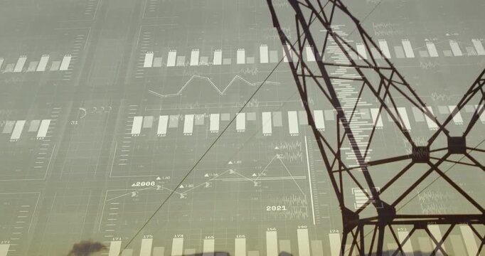Growing translucent charts pushing camera toward steel pylon at dusk, visualizing power flow