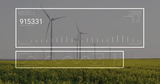 HUD appearing, tracking turbines with numbers varying, bars moving and wave settling showing output