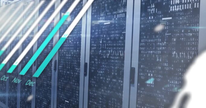 Teal circle entering lower-right, starting HUD bars and pie sliding over server racks, showing data