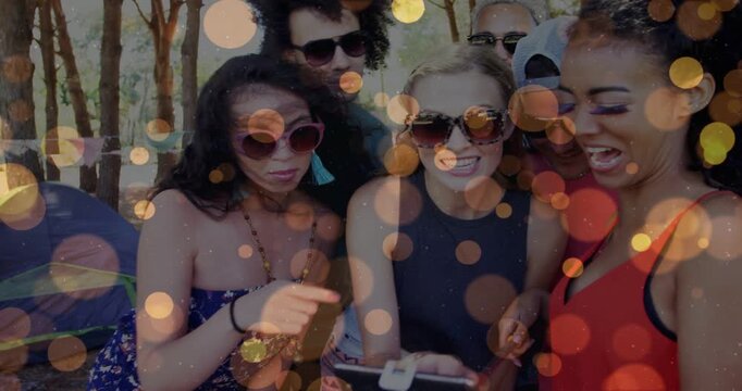 Friends bringing phone on selfie stick, leaning in viewing shot for social media with bokeh overlay