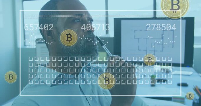 Man holding pen to mouth, HUD appearing and animating Bitcoin coins while following HUD overlays