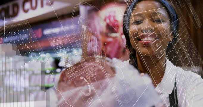 Vertical video: Low camera, hands reaching into cold case, clerk lifting ham with holo UI, offering