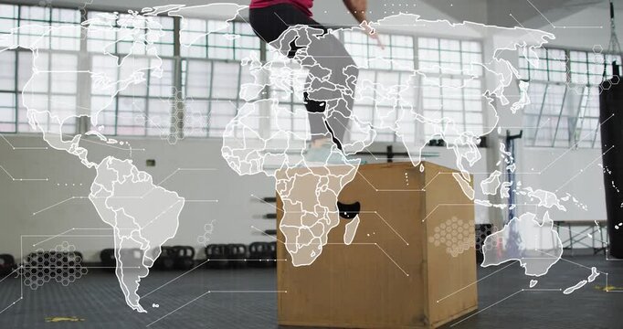 Woman approaching, swinging arms and doing repeated box jumps for fitness, map overlay tracking