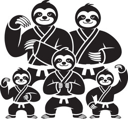 Fototapeta premium 5 sloths wearing martial arts uniforms in a group pose as a monochromatic vector illustration
