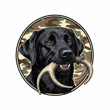 Black labrador retriever dog fetching deer antler shed on camouflage badge background illustration