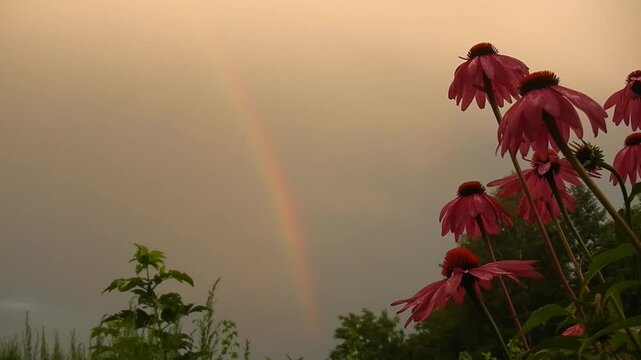 Wet pink flowers of Echinacea purpurea, Eastern purple coneflower and rainy sky with rainbow and orange clouds illuminated by sunlight. Topics: beauty of nature, blooming, weather, cloudscape