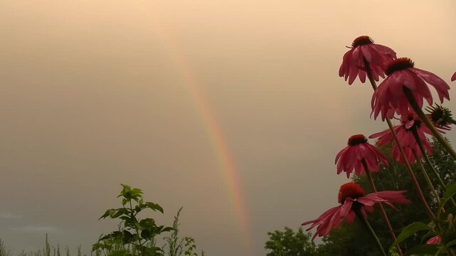 Wet pink flowers of Echinacea purpurea, Eastern purple coneflower and rainy sky with rainbow and orange clouds illuminated by sunlight. Topics: beauty of nature, blooming, weather, cloudscape