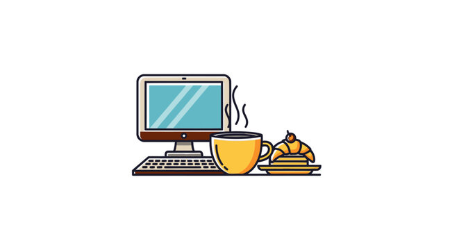 Workplace breakfast: A steaming cup of coffee next to a croissant and a computer, embodying the start of a productive workday and the seamless blend of work and relaxation.