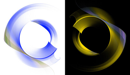 Yellow and blue striped abstract rounded blades on black and white backgrounds. Icon, logo, symbol, sign. Set. 3D rendering. 3D illustration. © Svetlana