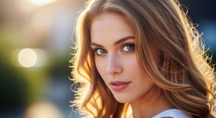 Naklejka premium A beautiful smiling brunette teenager with green eyes enjoys the summer happiness of nature during a fashion model closeup in an outdoor park