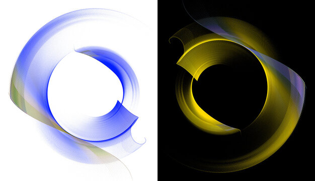 Yellow and blue striped abstract rounded blades on black and white backgrounds. Icon, logo, symbol, sign. Set. 3D rendering. 3D illustration.