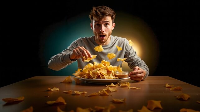 A man eating a plate of chips on a table