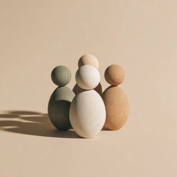 Wooden abstract figures standing together. Group of various geometric objects representing diversity and teamwork. Minimalist concept of unity, inclusion, and human connection in society.