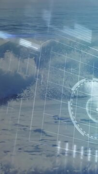 Vertical video: HUD fading as wave peaking, surfer carving, grids passing surfer scanning surf tech