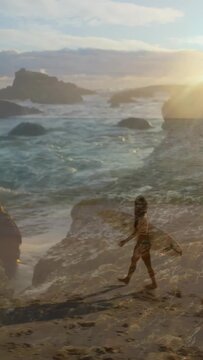 Vertical video: Surfer spotting waves walking to surf for sport, animated waves overlaying onto her