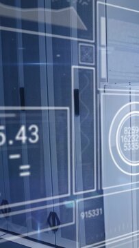 Vertical video: Metal server cabinets staying still in data center HUD panels sliding in for status