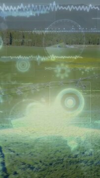 Vertical video: Teal overlay activating, HUD rings pulsing over pivot and field, showing water data