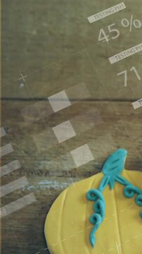 Vertical video: Sliding HUD revealing teal yellow cookie on wood plank, showing stats, copy space