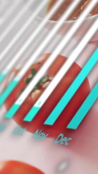 Vertical video: On playback tomatoes remaining on table, cyan overlay animating monthly food chart