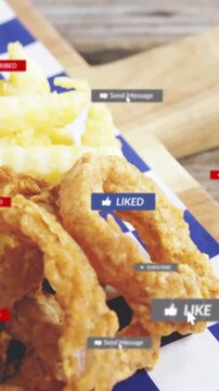 Vertical video: Changing LIKE badge cam zooming revealing rings and burger badges popping for likes