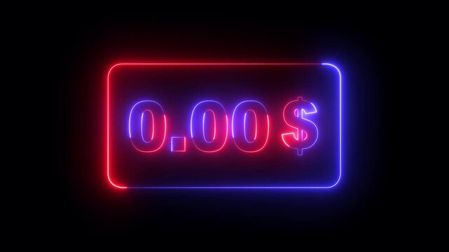 glowing neon Zero cost icon isolated on black background. Empty bank account. Minimalism concept. 4k video animation.